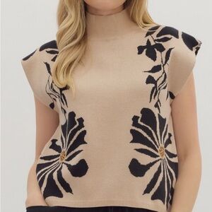 Beige and Black Floral Knit Top